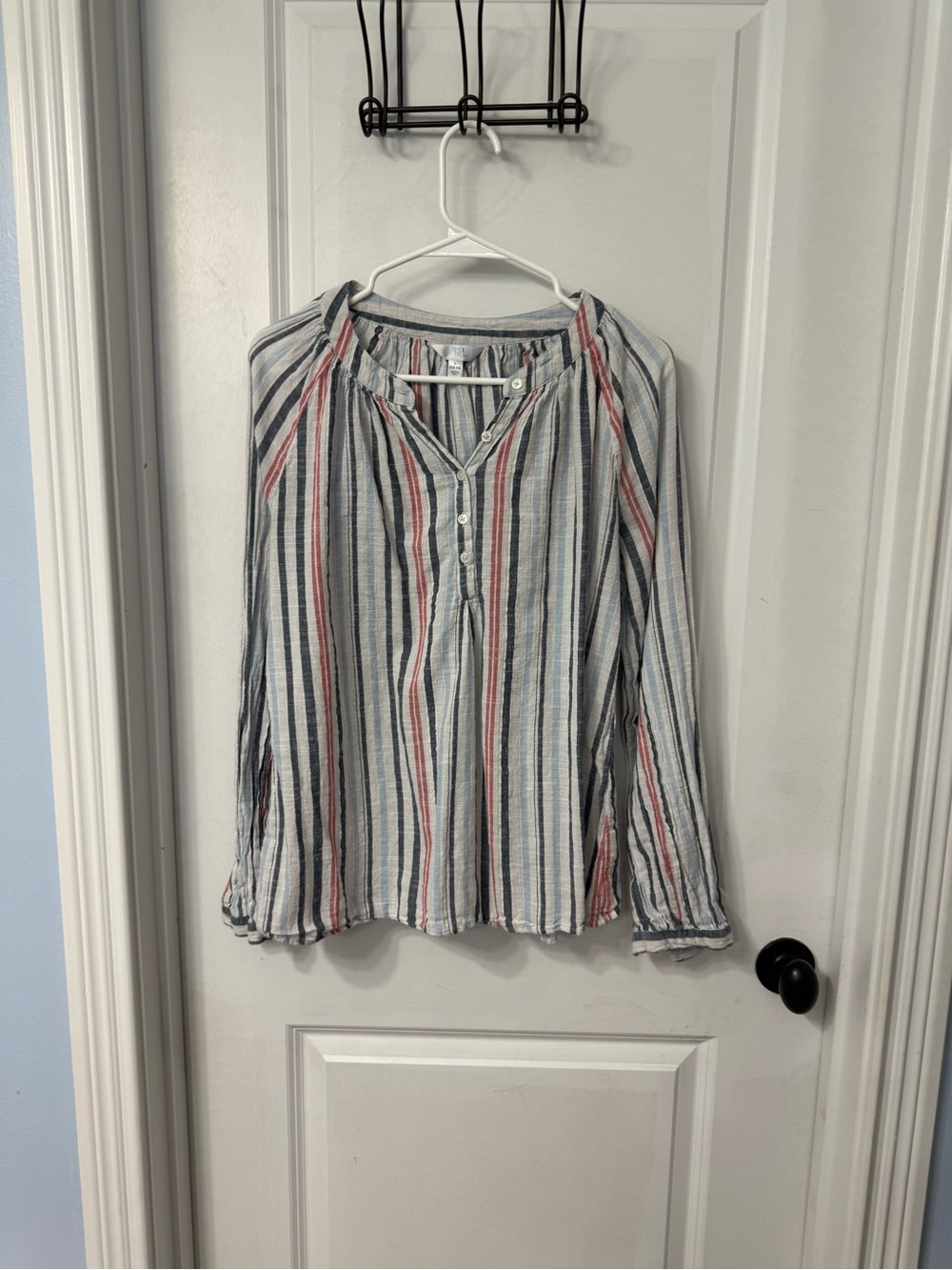 Time and Tru Vertical Stripe Button-Front Blouse in White, Blue & Red